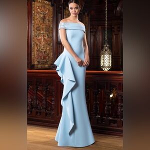 Elegant Off-Shoulder Light Blue Ruffle Gown